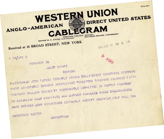 A telegram detailing the struggles of Palestinian Jews